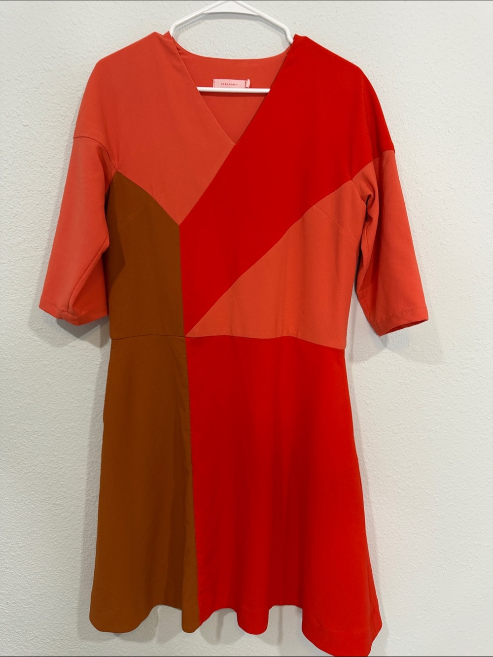 Colorblock V-Neck Fit & Flare Dress in Red and Brown